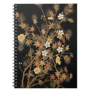 Vintage Japanese Black Gold Autumn Floral Art Notebook