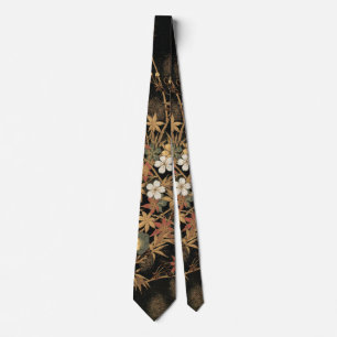 Vintage Japanese Black Gold Autumn Floral Art Tie