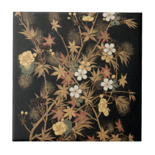 Vintage Japanese Black Gold Autumn Floral Art Tile