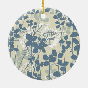 Vintage Japanese Blue Botanical: Cream Leaf Fern Ceramic Ornament