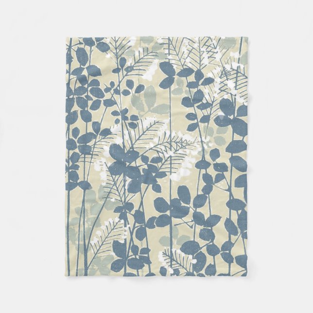 Vintage Japanese Blue Botanical: Cream Leaf Fern Fleece Blanket (Front)