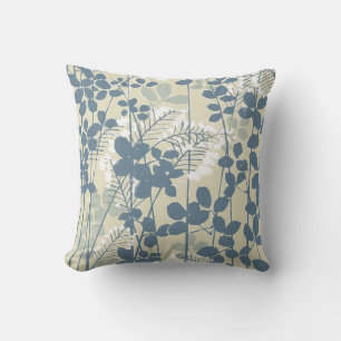 Vintage Japanese Blue Botanical: Cream Leaf Fern Throw Pillow