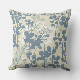 Vintage Japanese Blue Botanical: Cream Leaf Fern Throw Pillow