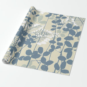 Vintage Japanese Blue Botanical: Cream Leaf Fern Wrapping Paper