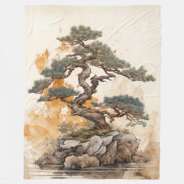 Vintage Japanese Bonsai Tree Fleece Blanket (Front)