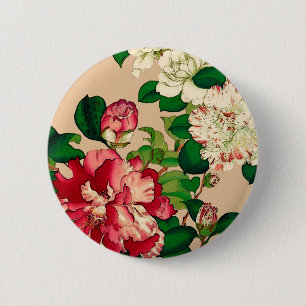 Vintage Japanese Camellias. Deep Pink on Beige 2 Inch Round Button
