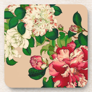 Vintage Japanese Camellias. Deep Pink on Beige   Coaster