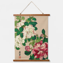 Vintage Japanese Camellias. Deep Pink on Beige