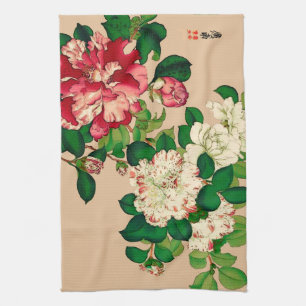 Vintage Japanese Camellias. Deep Pink on Beige Kitchen Towel