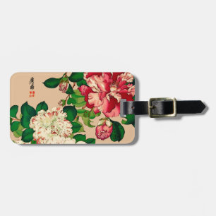Vintage Japanese Camellias. Deep Pink on Beige Lug Luggage Tag