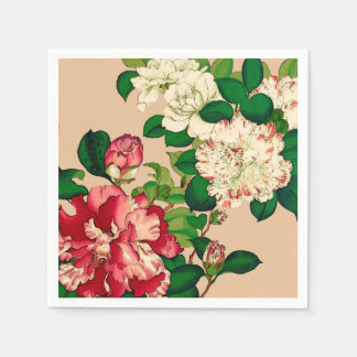 Vintage Japanese Camellias. Deep Pink on Beige Napkin