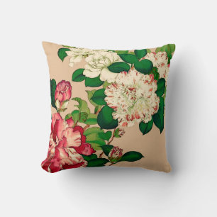 Vintage Japanese Camellias. Deep Pink on Beige Throw Pillow