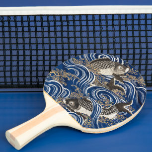 Vintage Japanese Carp In Waves, Retro Ping Pong Paddle
