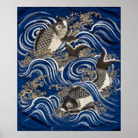 Vintage Japanese Carp In Waves, Retro