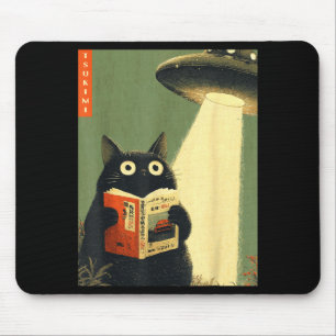 Vintage japanese cat book lovers ufo alien mouse pad