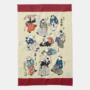 Vintage Japanese Cat Jugglers Ukiyo-e Art Kitchen Towel