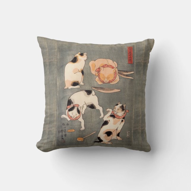 Vintage Japanese Cat Poses Throw Pillow (Front)