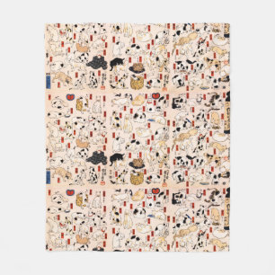Vintage Japanese Cats Menagerie Woodblock Ukiyo-e Fleece Blanket
