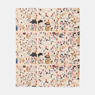 Vintage Japanese Cats Menagerie Woodblock Ukiyo-e Fleece Blanket