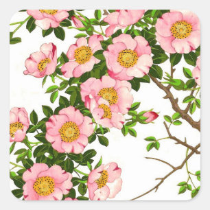 Vintage Japanese Cherry Blossoms, Pink and Gold Square Sticker