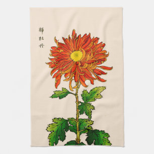 Vintage Japanese Chrysanthemum. Orange and Gold Kitchen Towel