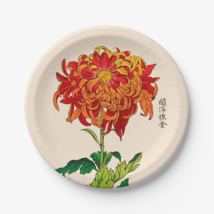 Vintage Japanese Chrysanthemum. Rust and Orange Paper Plate