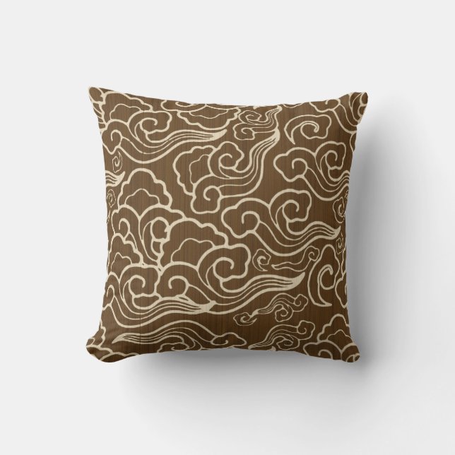 Vintage Japanese Clouds, Chocolate Brown Outdoor Pillow (Front)
