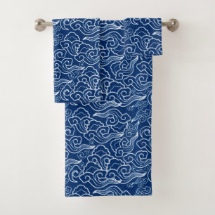 Vintage Japanese Clouds, Cobalt Blue and White Bath Towel Set