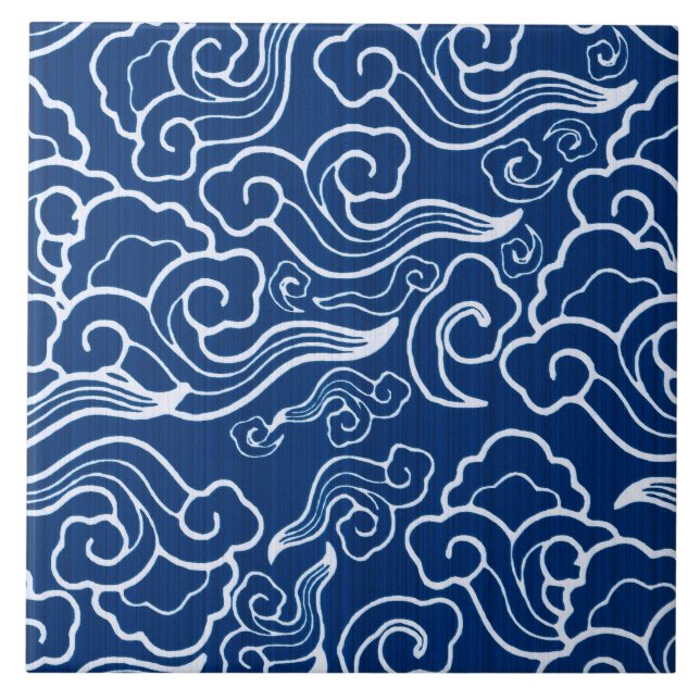 Vintage Japanese Clouds, Cobalt Blue and White Tile (Front)