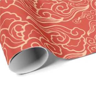 Vintage Japanese Clouds, Coral Orange Wrapping Paper