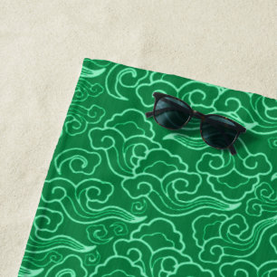 Vintage Japanese Clouds, Jade Green Beach Towel