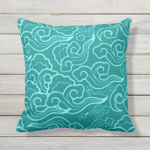 Vintage Japanese Clouds, Turquoise and Aqua Throw Pillow