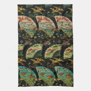 Vintage Japanese Crane & Fan Floral Art Pattern Kitchen Towel