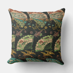 Vintage Japanese Crane & Fan Floral Art Pattern Outdoor Pillow