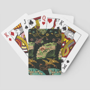 Vintage Japanese Crane & Fan Floral Art Pattern Playing Cards