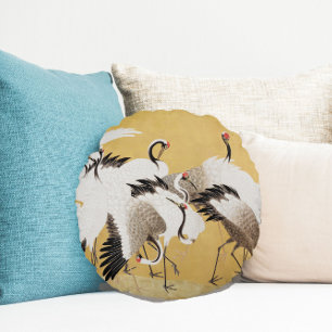 Vintage Japanese Crane Painting Round Pillow