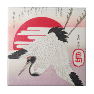Vintage Japanese Crane Red Sun Woodblock Print Tile