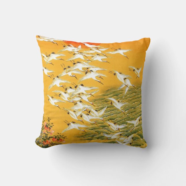 Vintage Japanese Cranes at Sunset Throw Pillow (Front)
