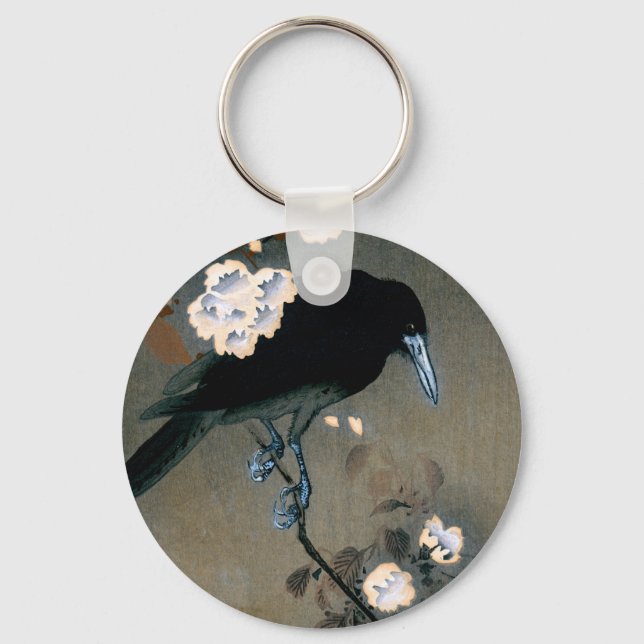 Vintage Japanese Crow and Blossom Woodblock Print Keychain (Front)