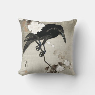 Vintage Japanese Crow and Blossom Woodblock Print Throw Pillow