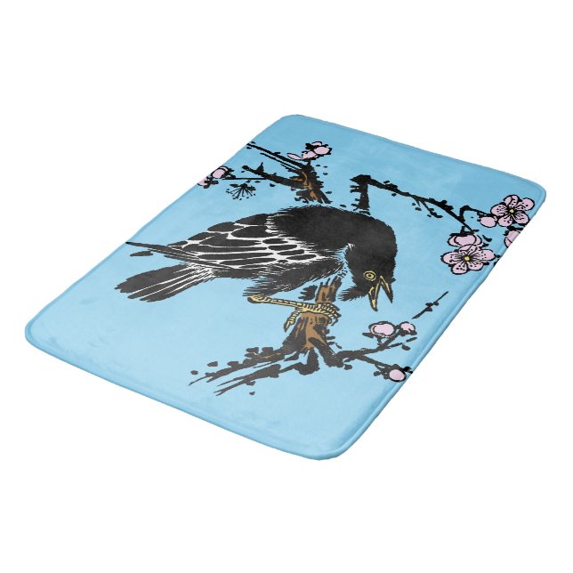 Vintage Japanese Crow and Cherry Blossoms Bath Mat (Angled)