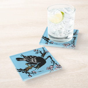 Vintage Japanese Crow and Cherry Blossoms Glass Coaster