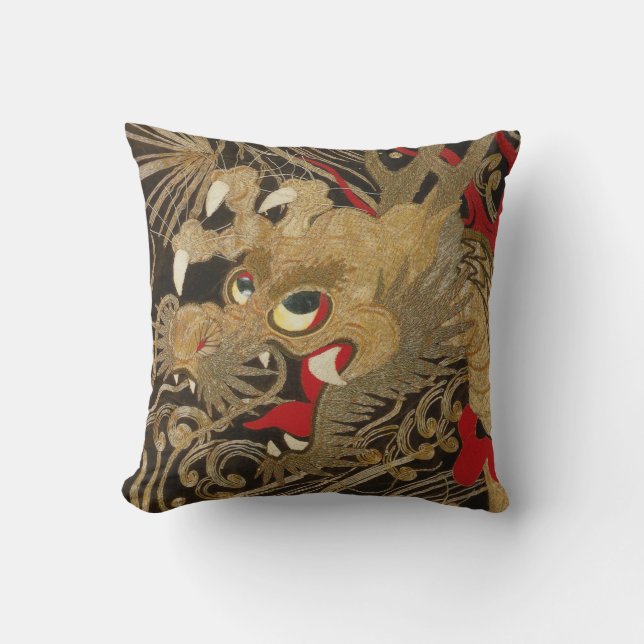 Vintage Japanese Dragon Throw Pillow (Front)