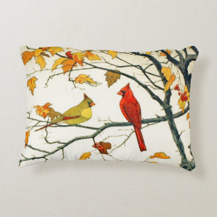 Vintage Japanese drawing, Cardinals on a branch Accent Pillow