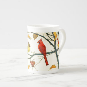 Vintage Japanese drawing, Cardinals on a branch Bone China Mug