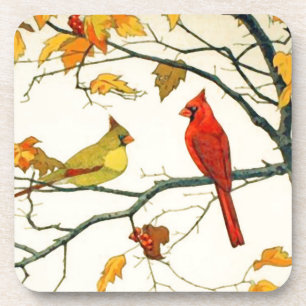 Vintage Japanese drawing, Cardinals on a branch Coaster