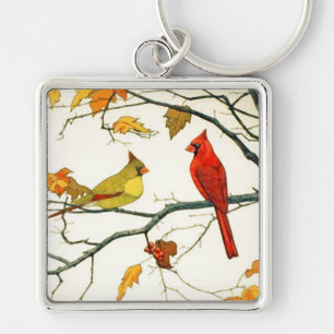 Vintage Japanese drawing, Cardinals on a branch Keychain