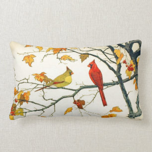 Vintage Japanese drawing, Cardinals on a branch Lumbar Pillow