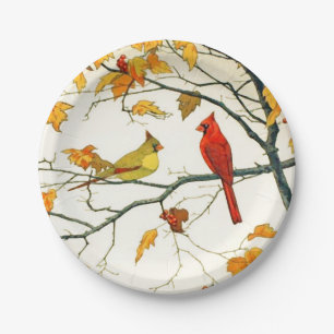 Vintage Japanese drawing, Cardinals on a branch Paper Plate