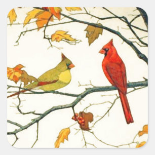 Vintage Japanese drawing, Cardinals on a branch Square Sticker